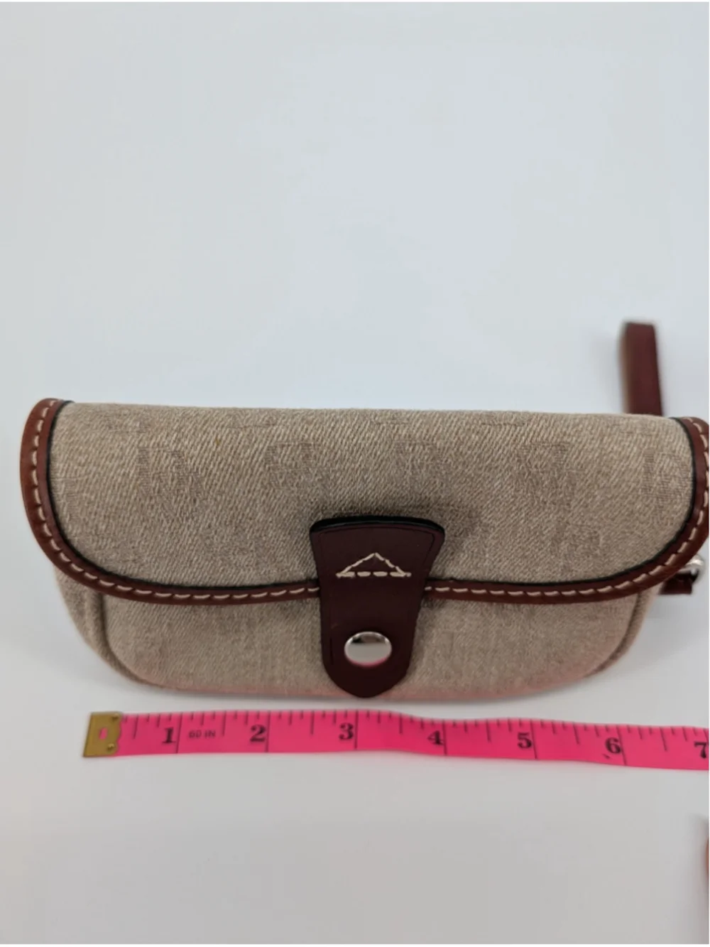 Dooney & Bourke Oncour Tweed Flap Wristlet Tan Brown Leather Trim